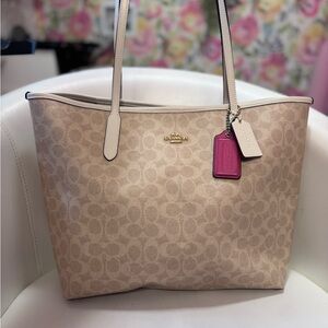 Coach Cream Signature Tote Bag with Leather Trim